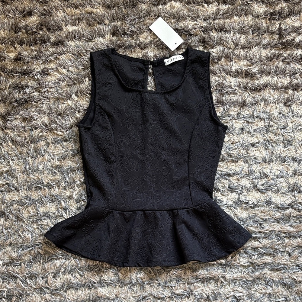 Ginger G Black Textured Paisley Peplum Tank Top with Flared Hem Size S NWT